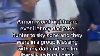 A black mom and daughter kick a small child and bully an elderly man at a trampoline park