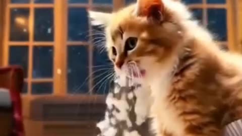 kitten eating snow foam