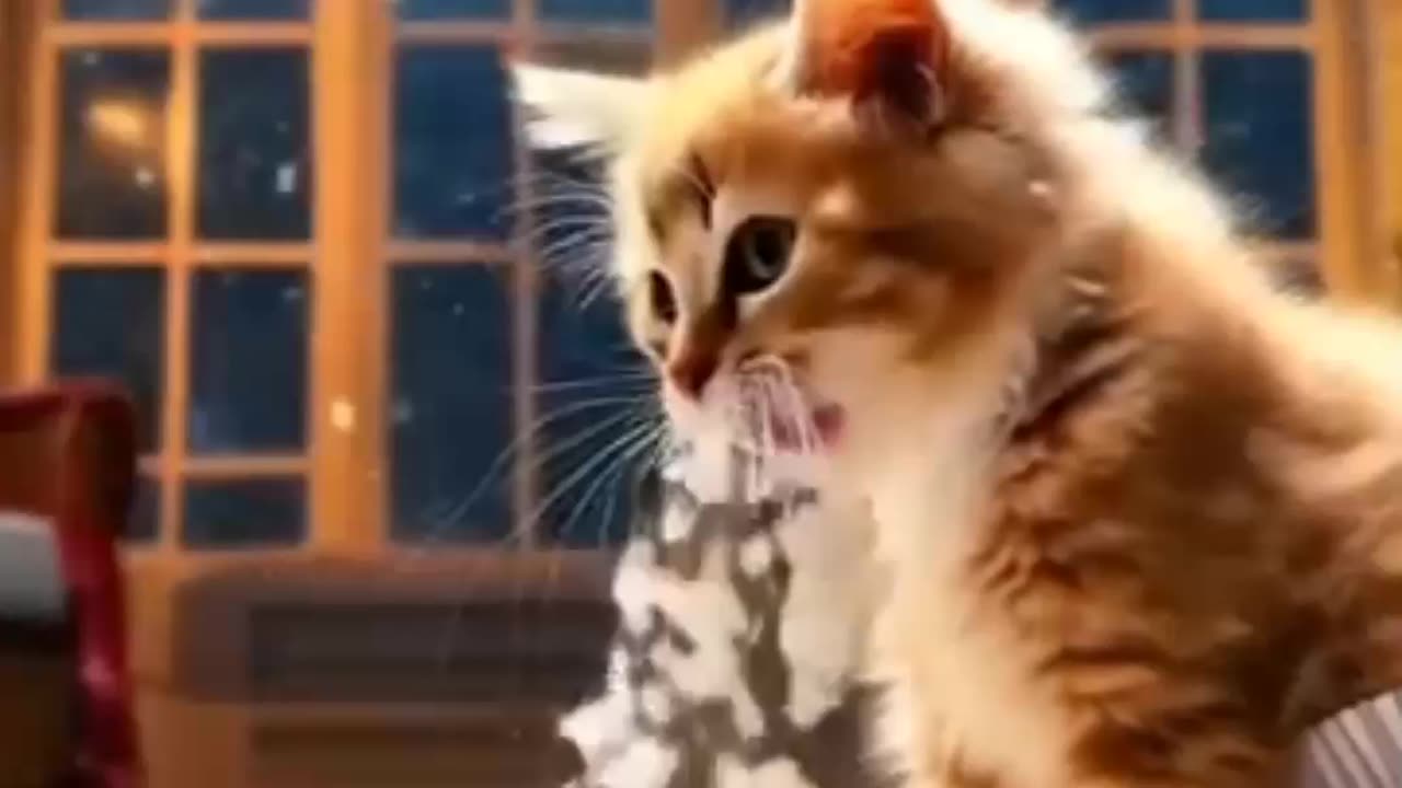 kitten eating snow foam