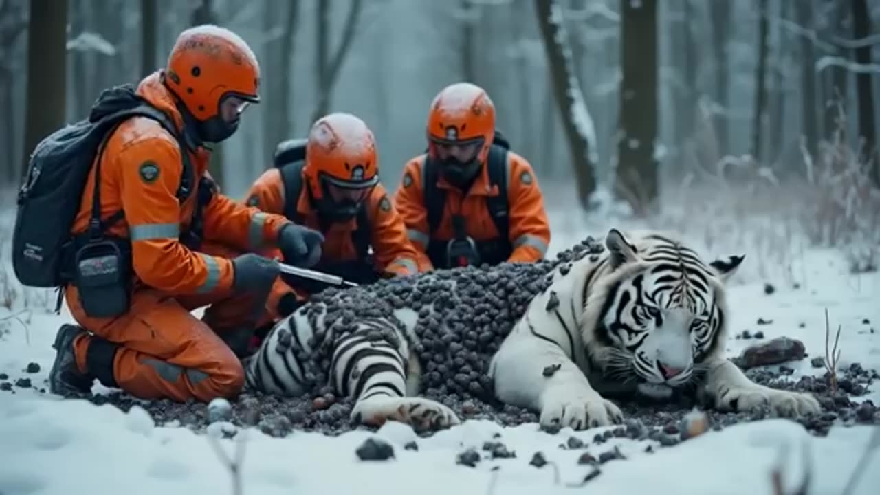 The Smart baby white tiger went looking for a young man to rescue the injured mother white tiger