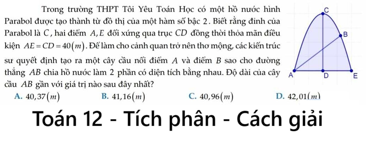 Trong trường THPT Tôi Yêu Toán Học có một hồ nước hình Parabol được tạo thành từ