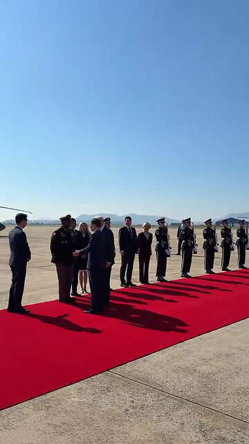 President Donald Trump lands in South Korea and is greeted with YMCA