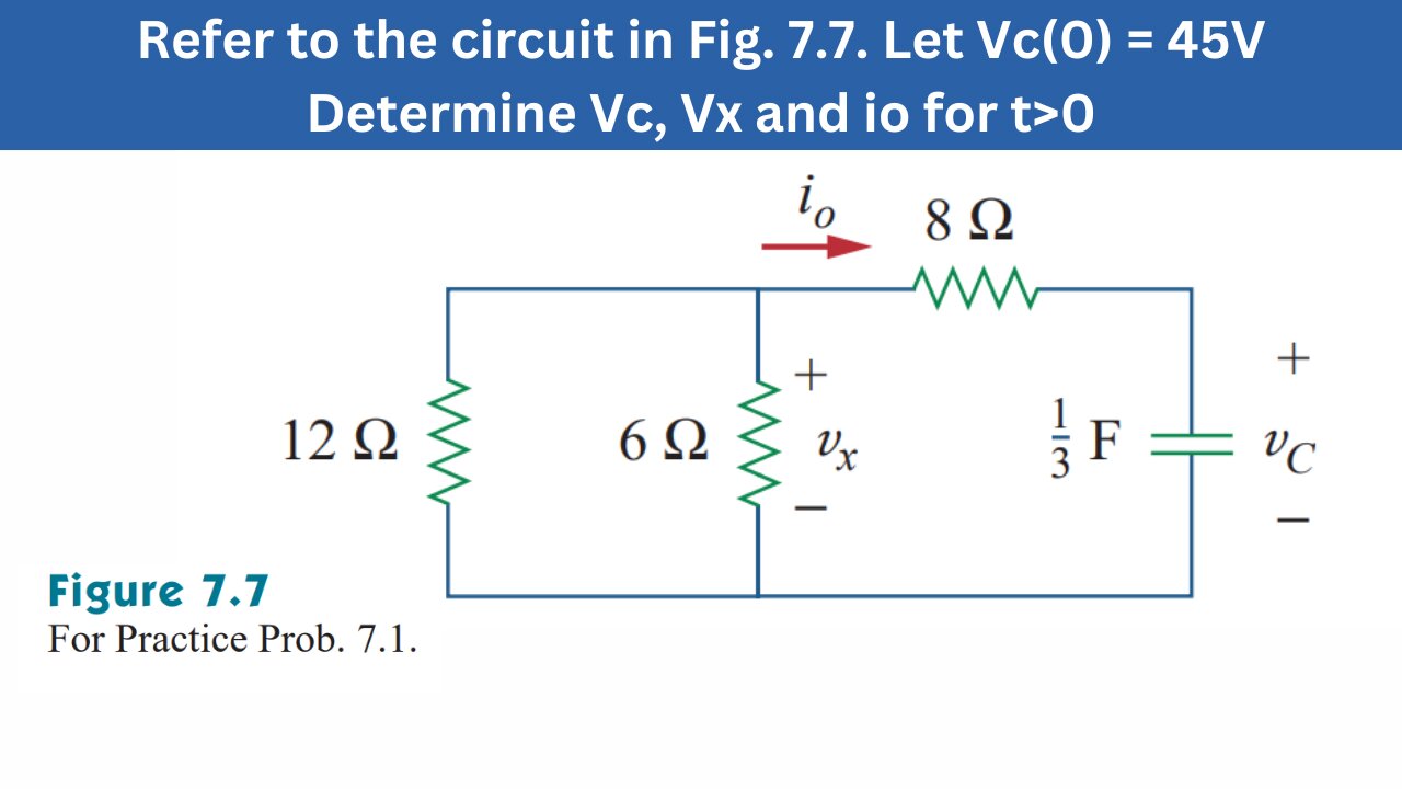 Practice Prob 7.1 | In Fig. 7.7. Let Vc(0) = 45V Determine Vc, Vx and io for t>0 | FEC 4th Edition