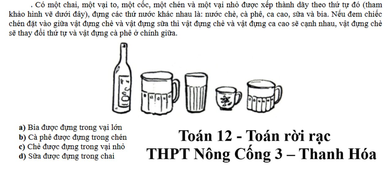 THPT Nông Cống 3 – Thanh Hóa: Toán Rời rạc: Có một chai, một vại to, một cốc, một chén và một vại