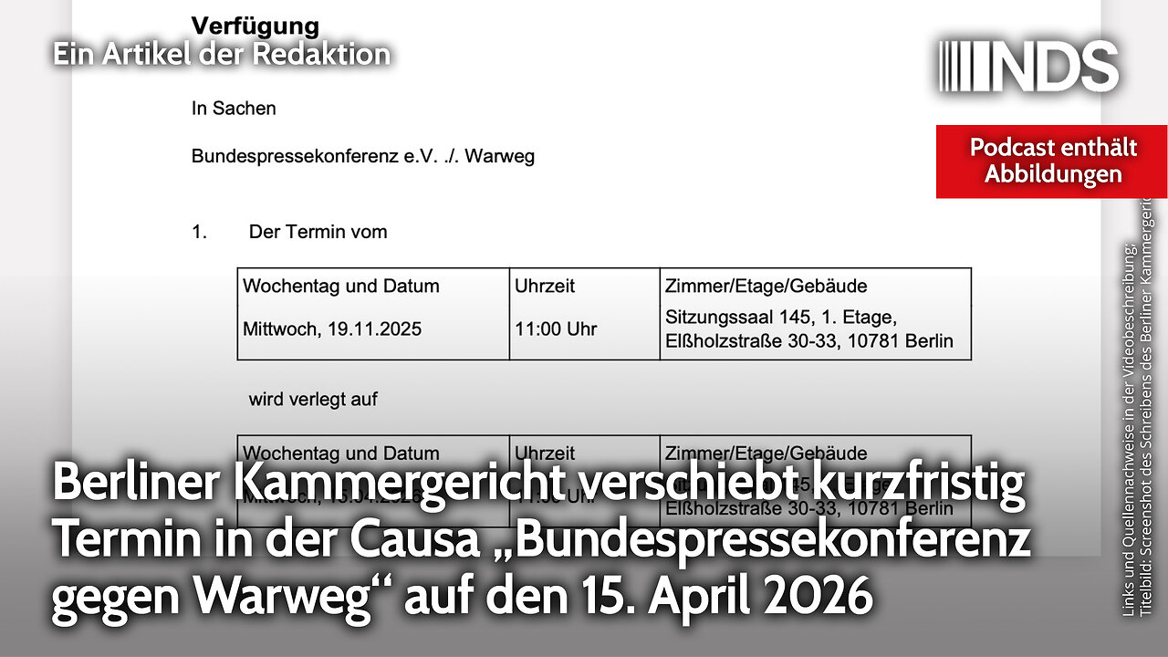 Kammergericht verschiebt Termin in der Causa „Bundespressekonferenz gegen Warweg“ auf 15. April 2026