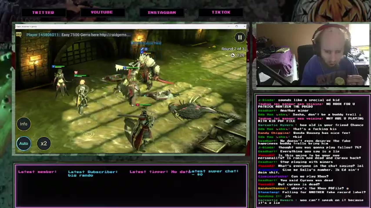 Cyraxx live on YT. "Raid shadowlegends missions with my lil brother chaos". 3/5/2025.