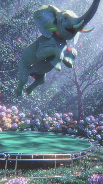 elephant jumping on a trampoline. Lush backyard garden with flowers and hedges
