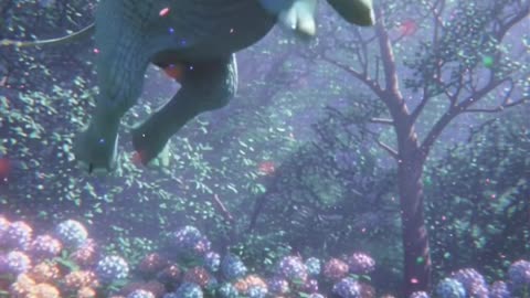 elephant jumping on a trampoline. Lush backyard garden with flowers and hedges