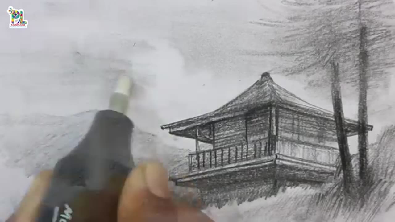 How to draw wooden house at Mountain Place || Pencil sketch and shading