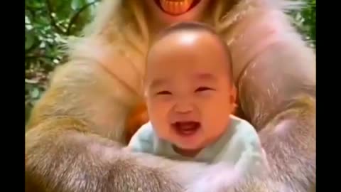 Funny monkey with cute kid