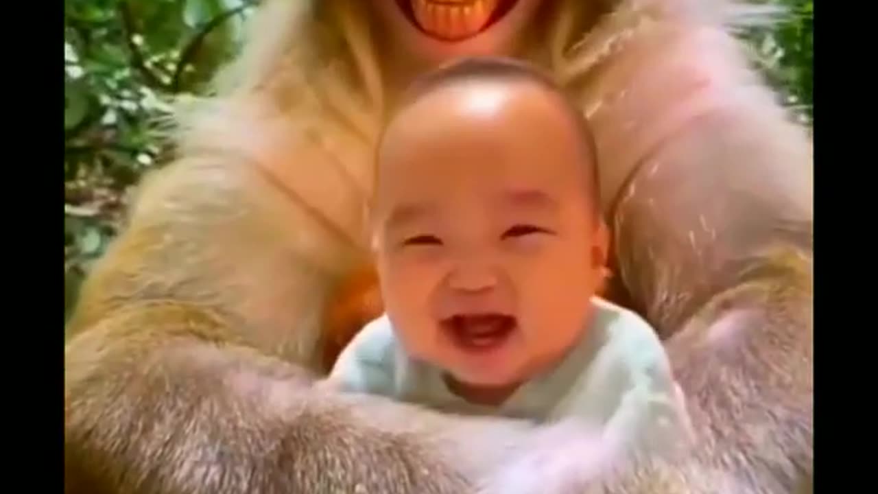 Funny monkey with cute kid