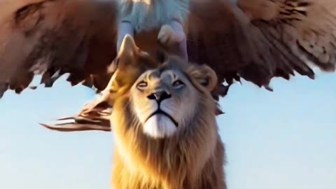 Lion and falcon leap towards each other, colliding gracefully in mid-air