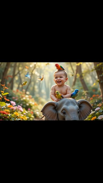 Cuteness Alert: Baby Rides Elephant with Playful Birds!