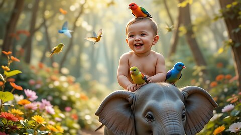 Cuteness Alert: Baby Rides Elephant with Playful Birds!