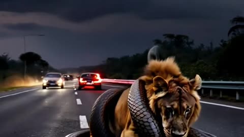 The Struggle on the Road: A Battle Between Lion and Snake