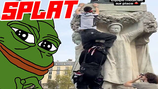 Pro Hamas Idiot Falls Off Statue Trying to Deface it