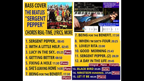 Bass cover BEATLES "SERGENT PEPPER" album __ Chords real-time, Piano tut., Lyrics, MORE