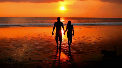 A beautiful feeling of a couple watching the golden horizon of the ocean at sunrise.