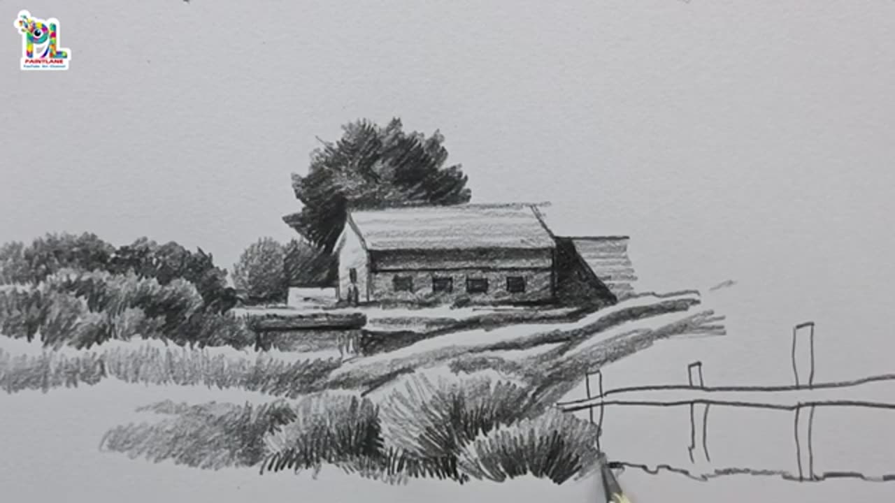 How to draw big bushes at a form house Scenery Art | pencil sketch and shading