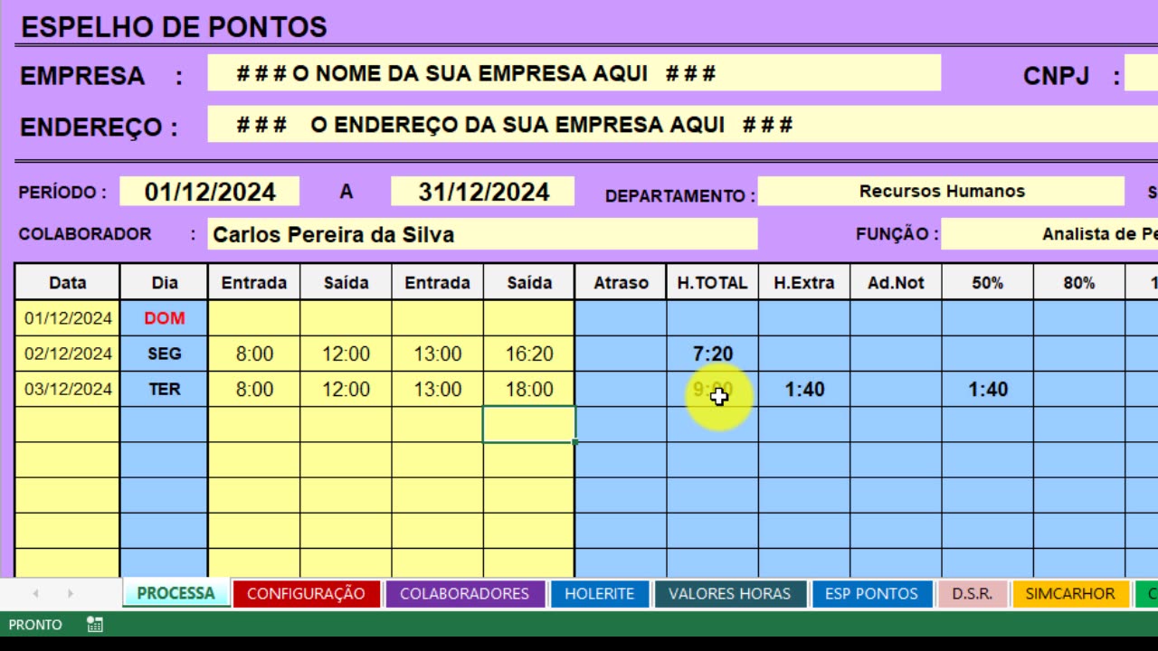 Planilha Excel de Registro de Horas Trabalhadas