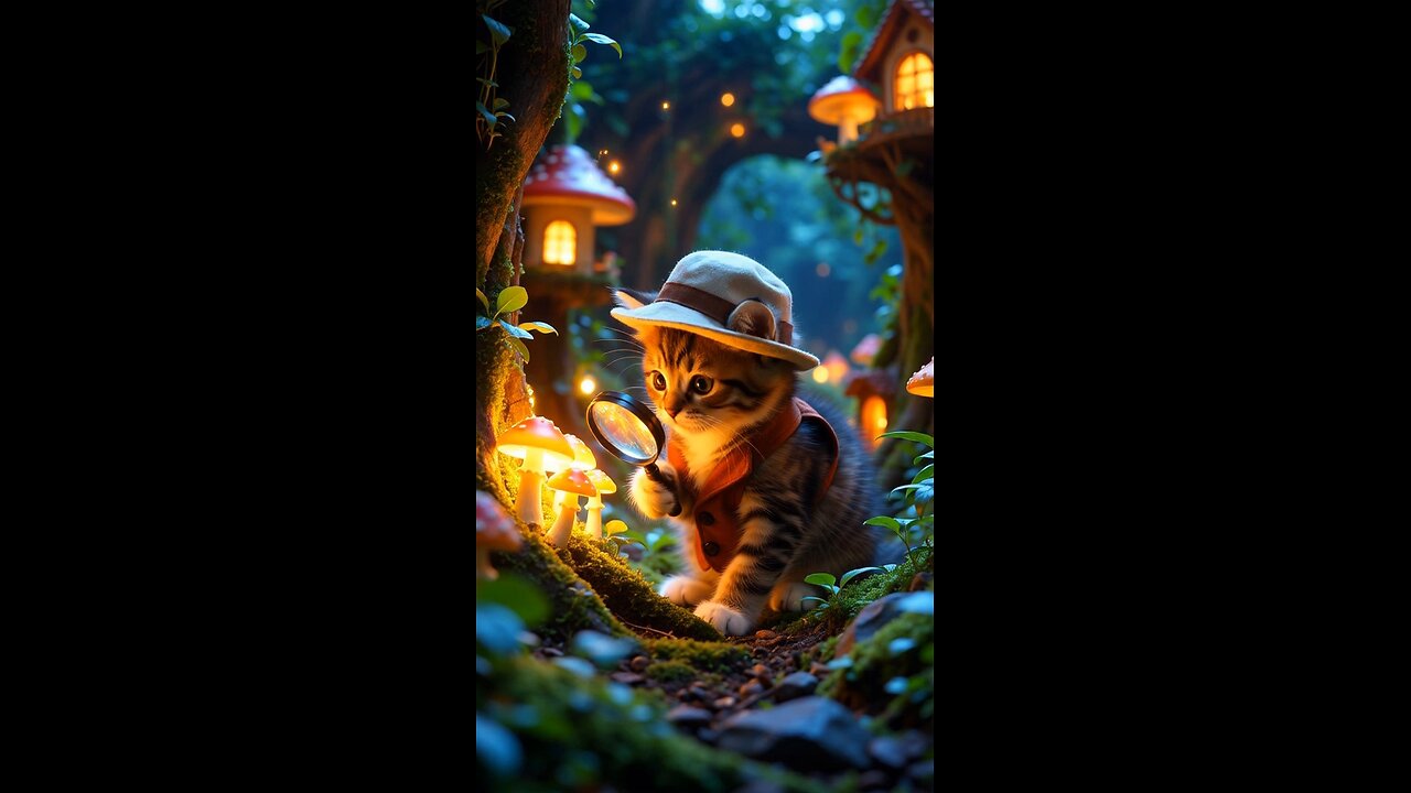 Calico kitten in explorer's gear examines glowing mushrooms in a fairy kingdom.