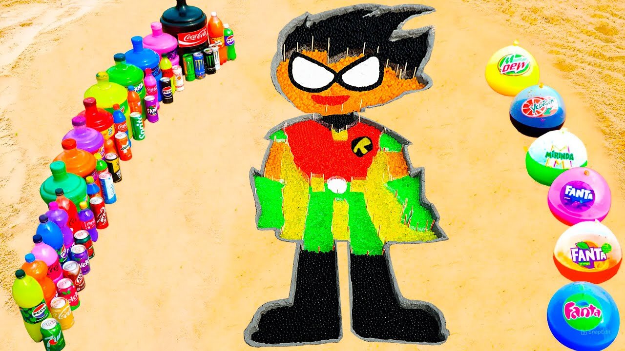 How to make Robin | Teen Titans Go with Cement, Rainbow Orbeez, Giant Coca Cola vs Mentos and Sodas