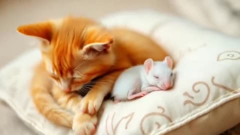 Cute cat and mouse friendship