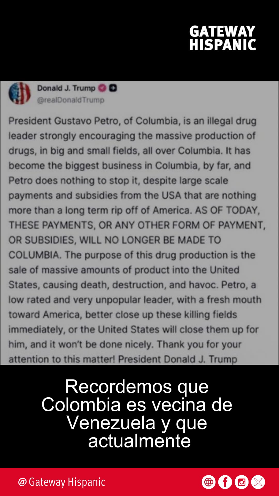 Trump Suspends All Aid to Colombia and Accuses Gustavo Petro of Drug Trafficking