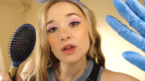 ASMR Gas Station Bathroom Lady Dyes Your Hair Clothes Scratching Haircut Hard Candy Mouth Sounds