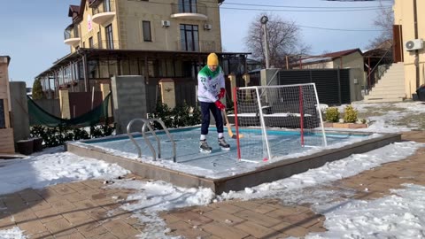 Playing Hockey on a Frozen Backyard Swimming Pool Goes Wrong