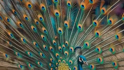 a colorful peacock , spreading its colorful tail, head's up