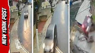 SUV goes airborne down stairs — driver walks away unscathed miraculously