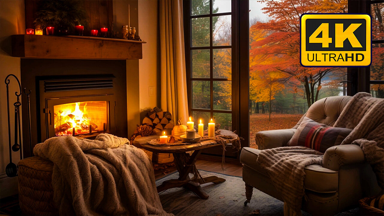 Relaxing Autumn Leaves Falling Cozy Crackling Fireplace Calm Wind Ambiance Nature Sounds Meditation