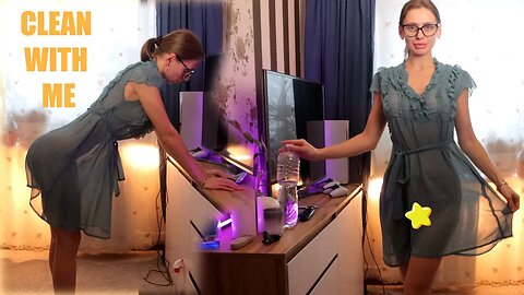 ❤️ Transparent Dresser and TV cleaning with model Tina in a dress