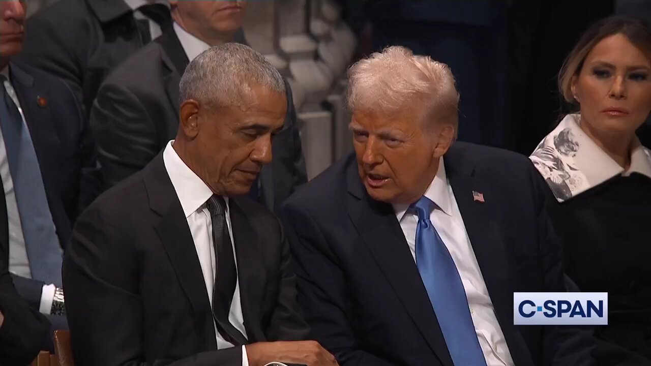 President-elect Donald Trump and former President Barack Obama have a laugh at Jimmy Carter funeral