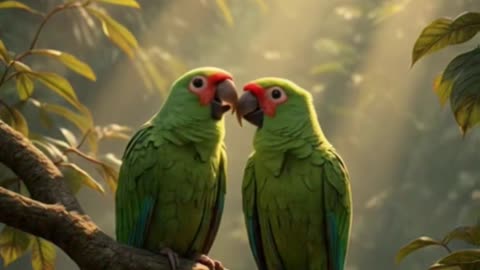 Two green parrots perched on a tree branch in a tropical jungle filled with sunlight