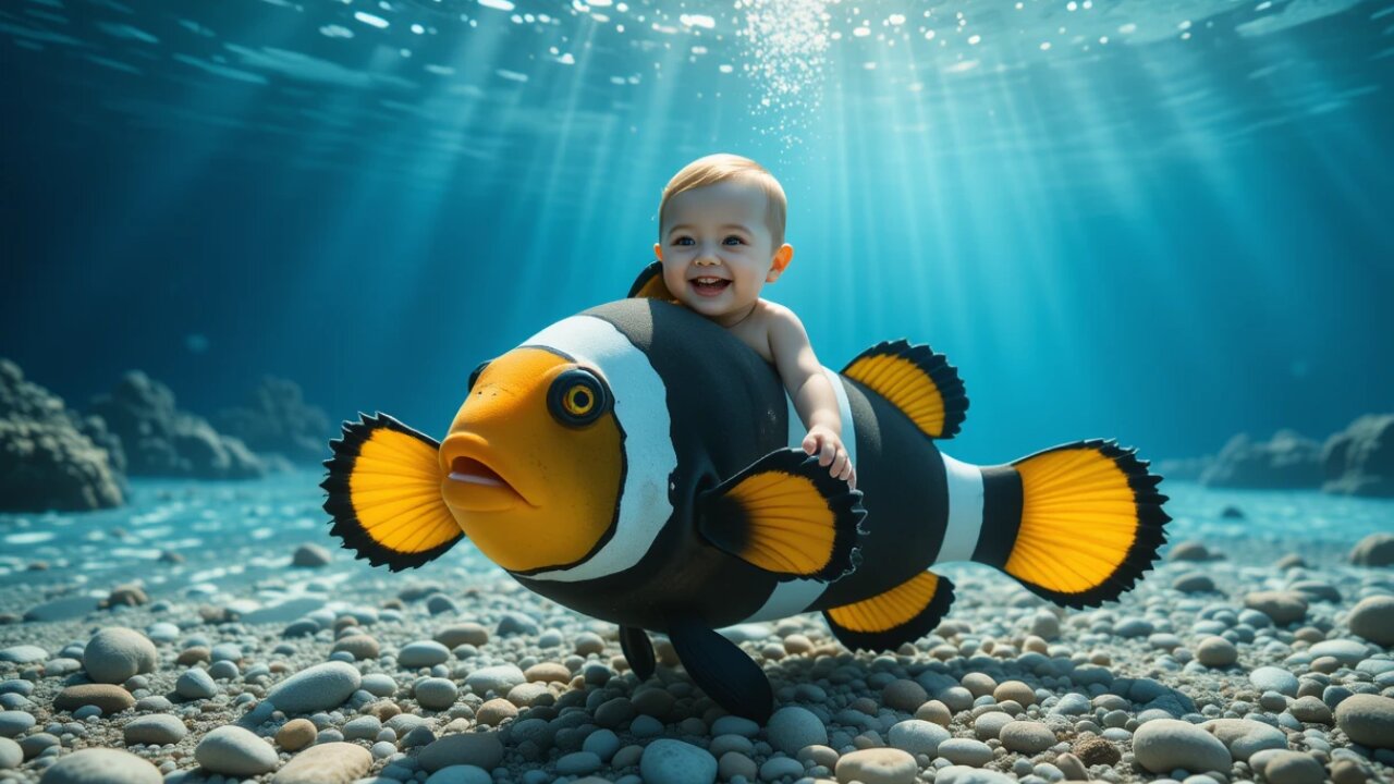 Underwater Joy: Baby's Epic Ride on a Clownfish