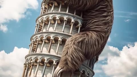 a happy giant three-toed sloth climbing up the Leaning Tower of Pisa.