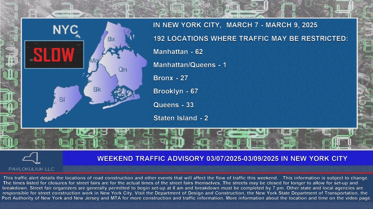 Weekend Traffic Advisory Friday March 7 to Sunday March 9, 2025 in New York City