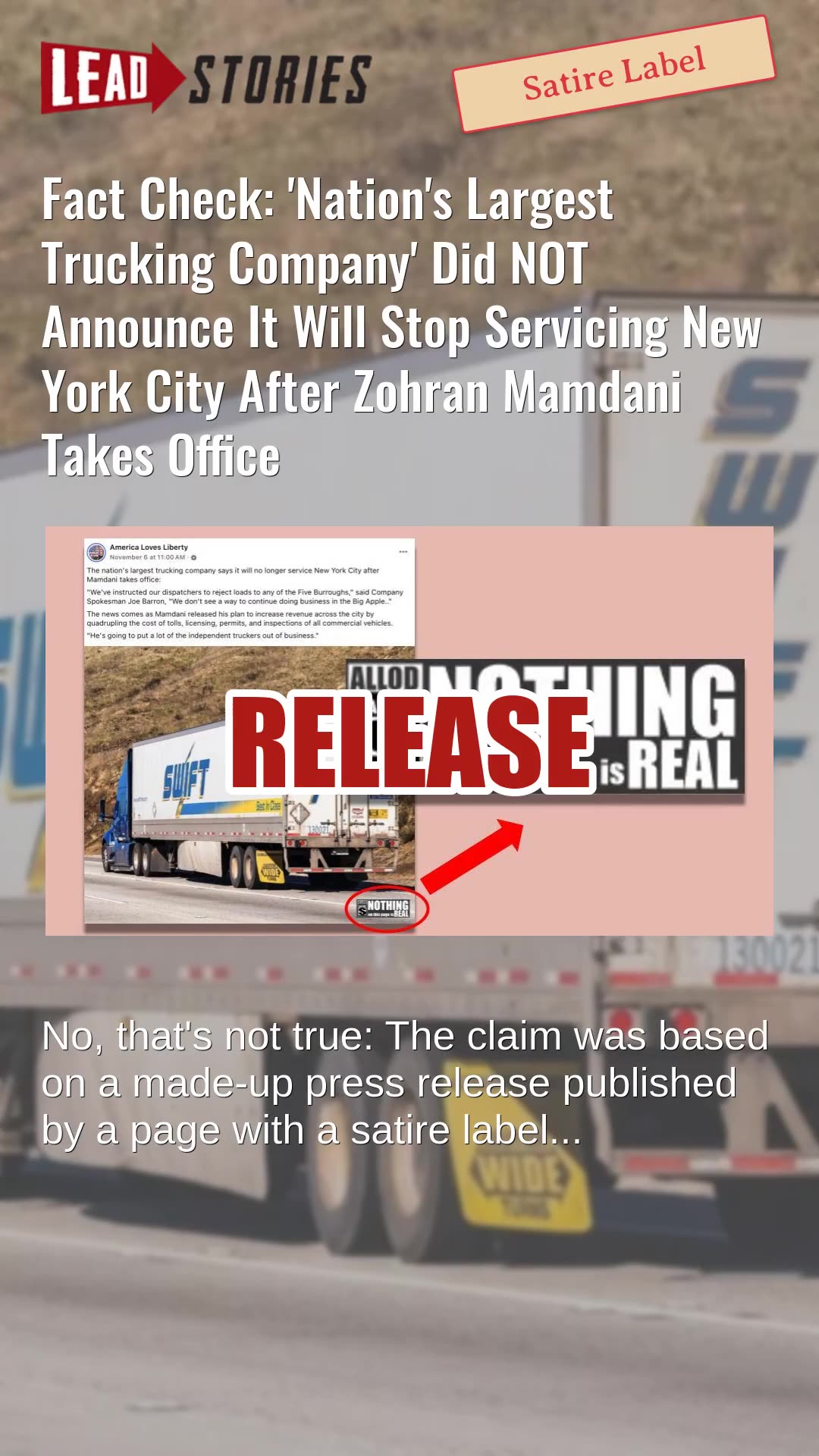 Fact Check: Nations Largest Trucking Company Did NOT Announce It Will Stop Servicing NYC