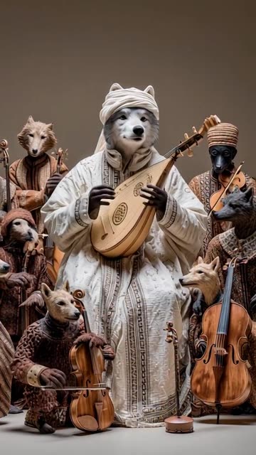 An Arabic orchestra made from animal artists where each animal is playing a different instrument