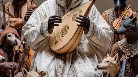 An Arabic orchestra made from animal artists where each animal is playing a different instrument