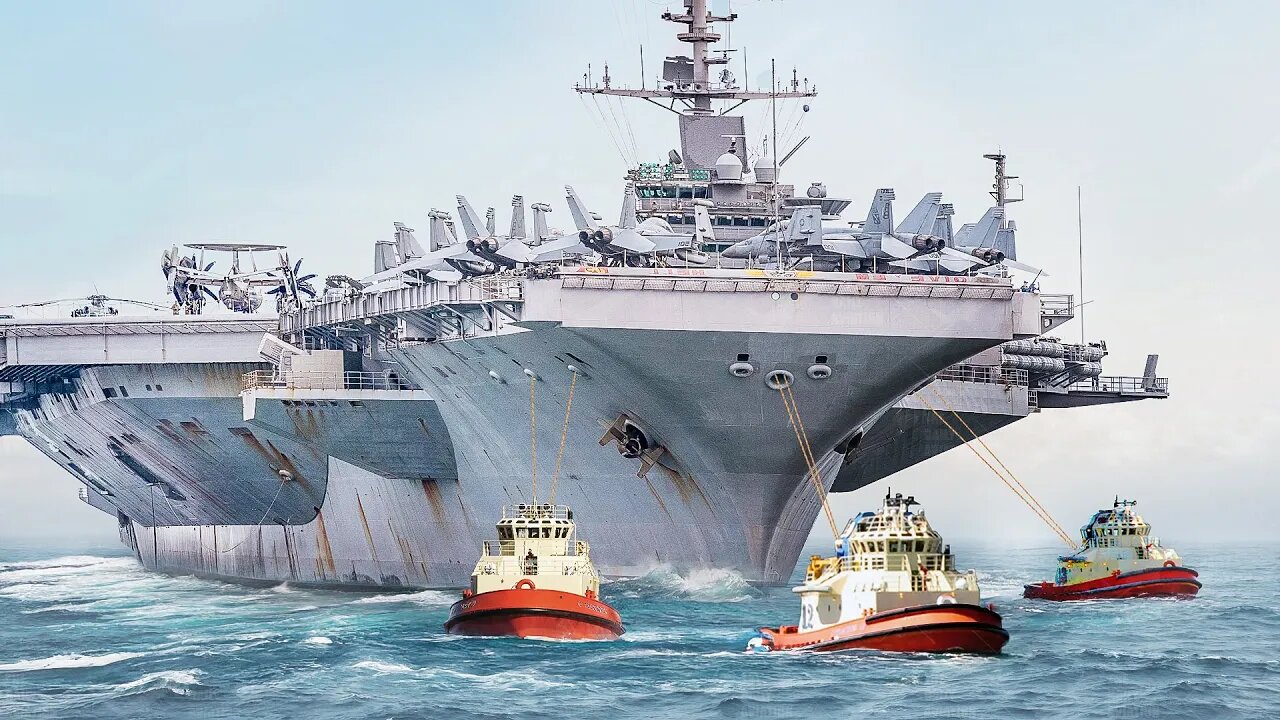 Powerful Tugboats Pull Massive $13 Billion US Aircraft Carrier to the Ocean