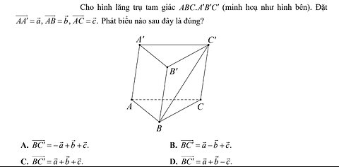 Toán 12: Cho hình lăng trụ tam giác ABC.A′B′C′ (minh họa như hình bên). Đặt AA = a. AB=b, AC=c