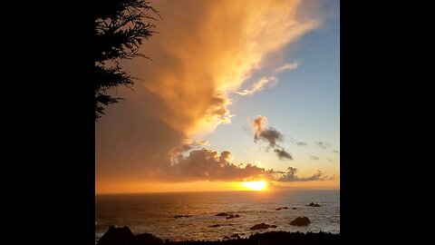 October Pacific Ocean Sunset, Hidden Pines, and The Coast 95.3 Radio In Fort Bragg California.