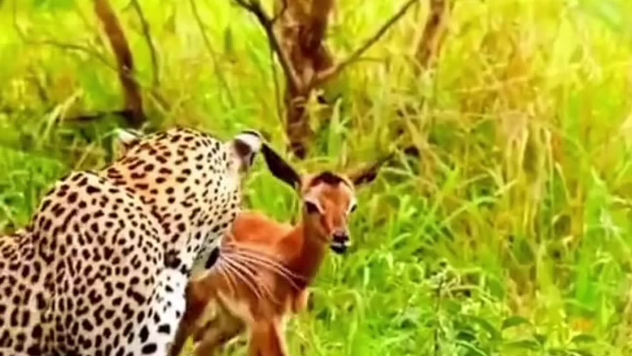 The leopard is holding the deer with mother's love