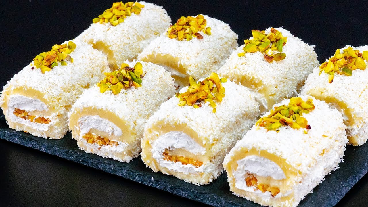 🥥 Sultan Lokumu – Creamy Coconut Rolls with Walnut & Whipped Cream!