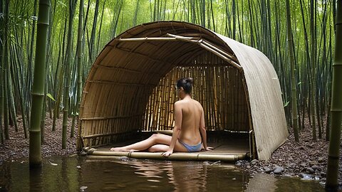 Solo Bushcraft - Complete building Survival Shelter with Bamboo in Forest , Camping _ bathing