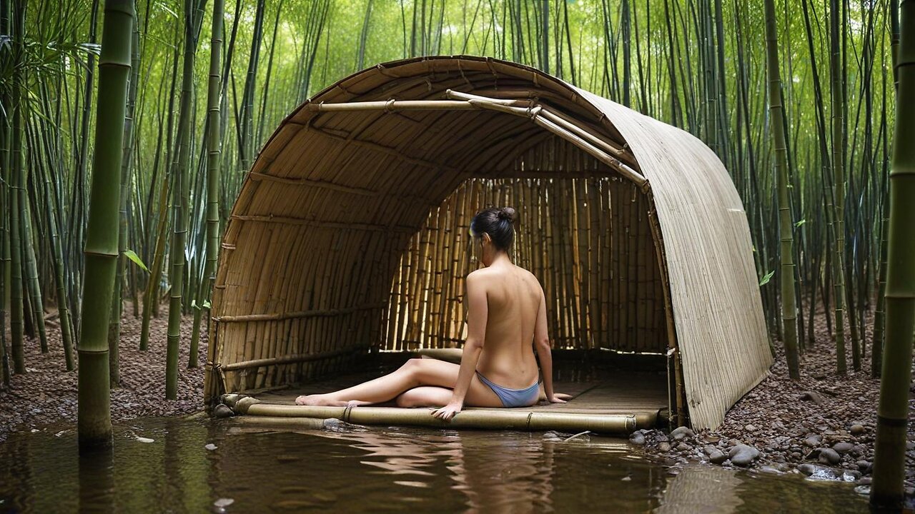 Solo Bushcraft - Complete building Survival Shelter with Bamboo in Forest , Camping _ bathing